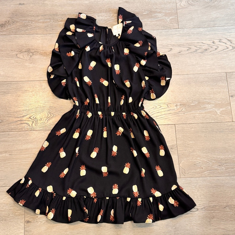 Kate Spade‎ New York Pineapple Print Ruffle Dress XS Black Short Sleeve